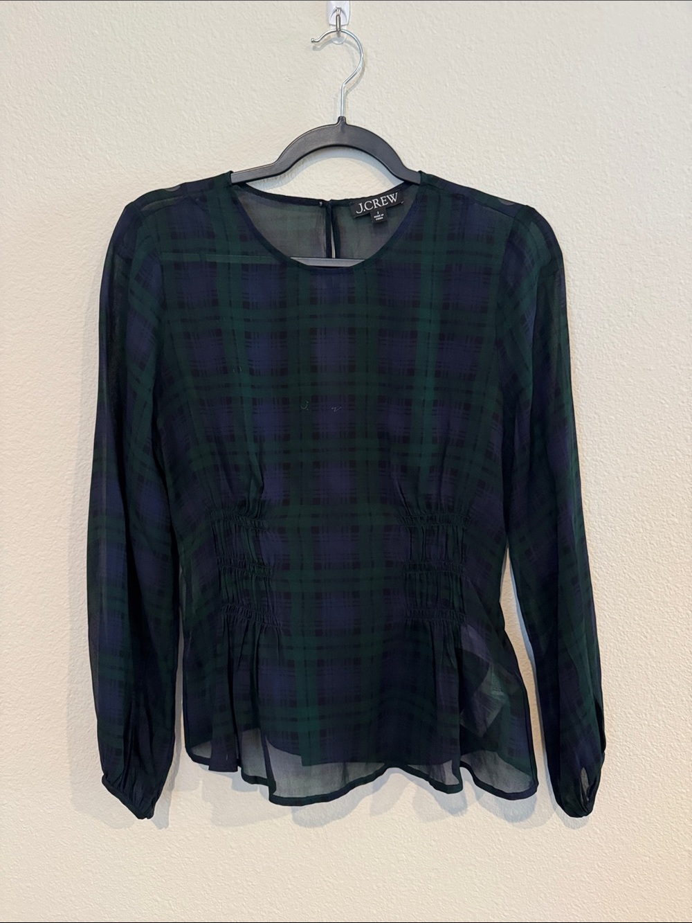 J. Crew Navy and Forest Green Plaid Smocked-Waist Blouse